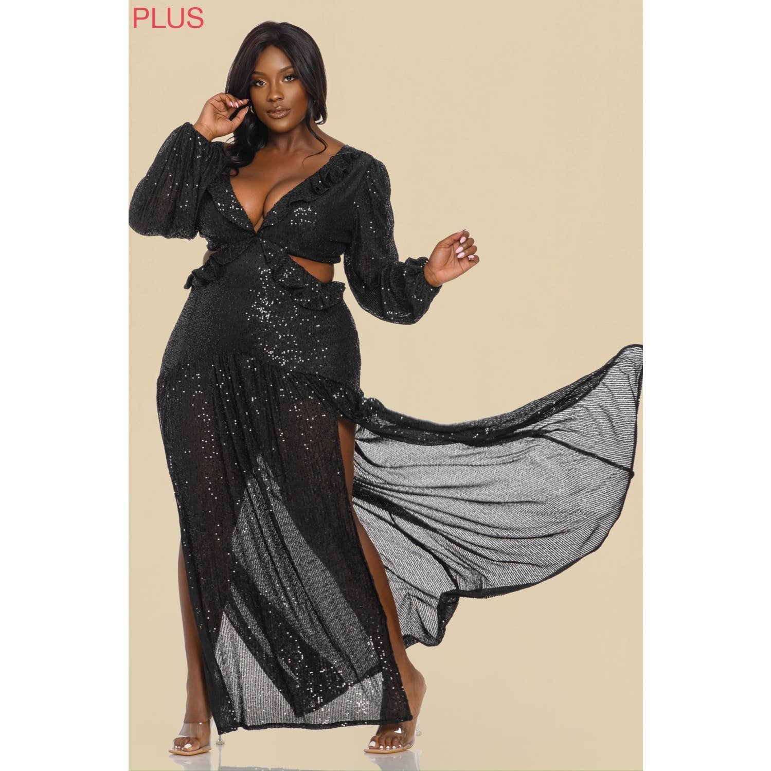 The Sang - Wholesale Dress - Women's - SD381122-P SEQUINS LONG SLEEVE MAXI DRESS PLUS SIZE1