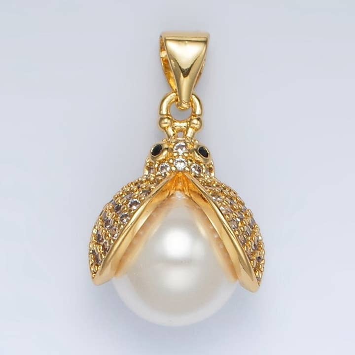 24K Gold Filled Micro Paved CZ Pearl Ladybug Pendant | AH187 for wholesale by Aim Eternal