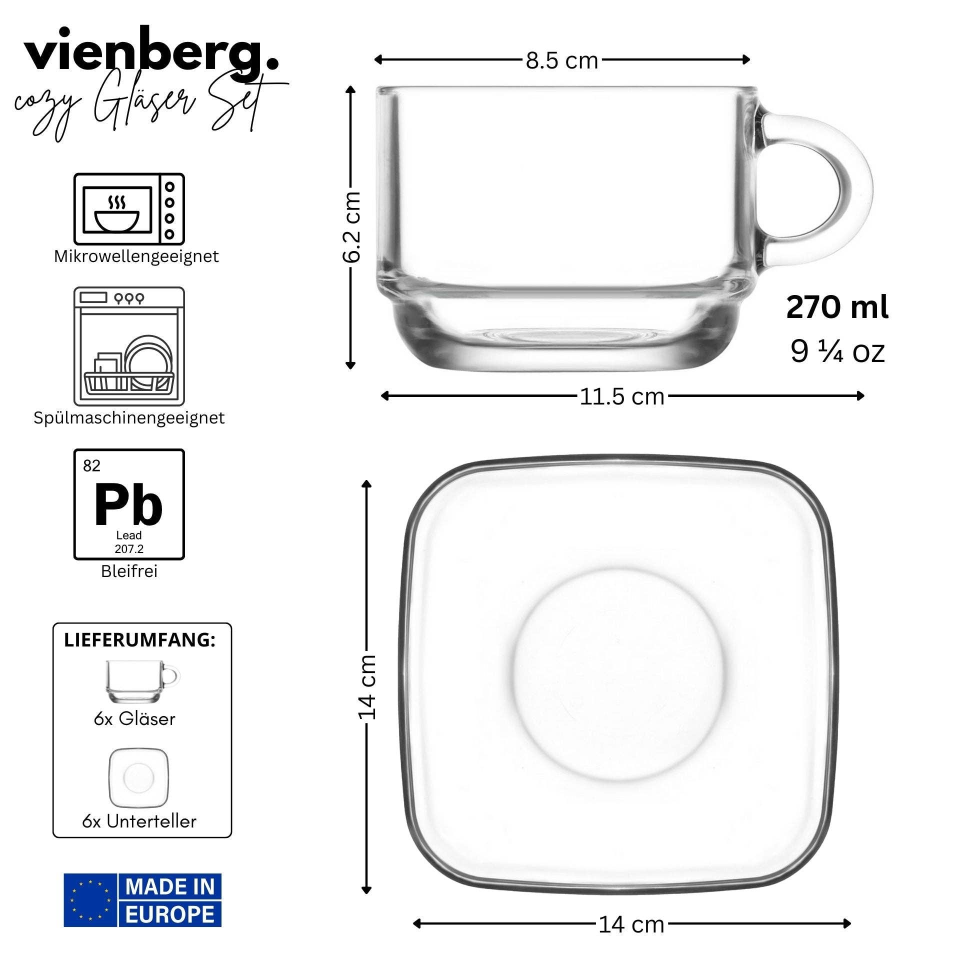 Biomatea - Vendita all'ingrosso Tazza da tè/caffè - Set di tazze in vetro Cozy 12 pezzi – 6 tazze in vetro con manico (270 ml) + 6 piattini in vetro – Impilabile4
