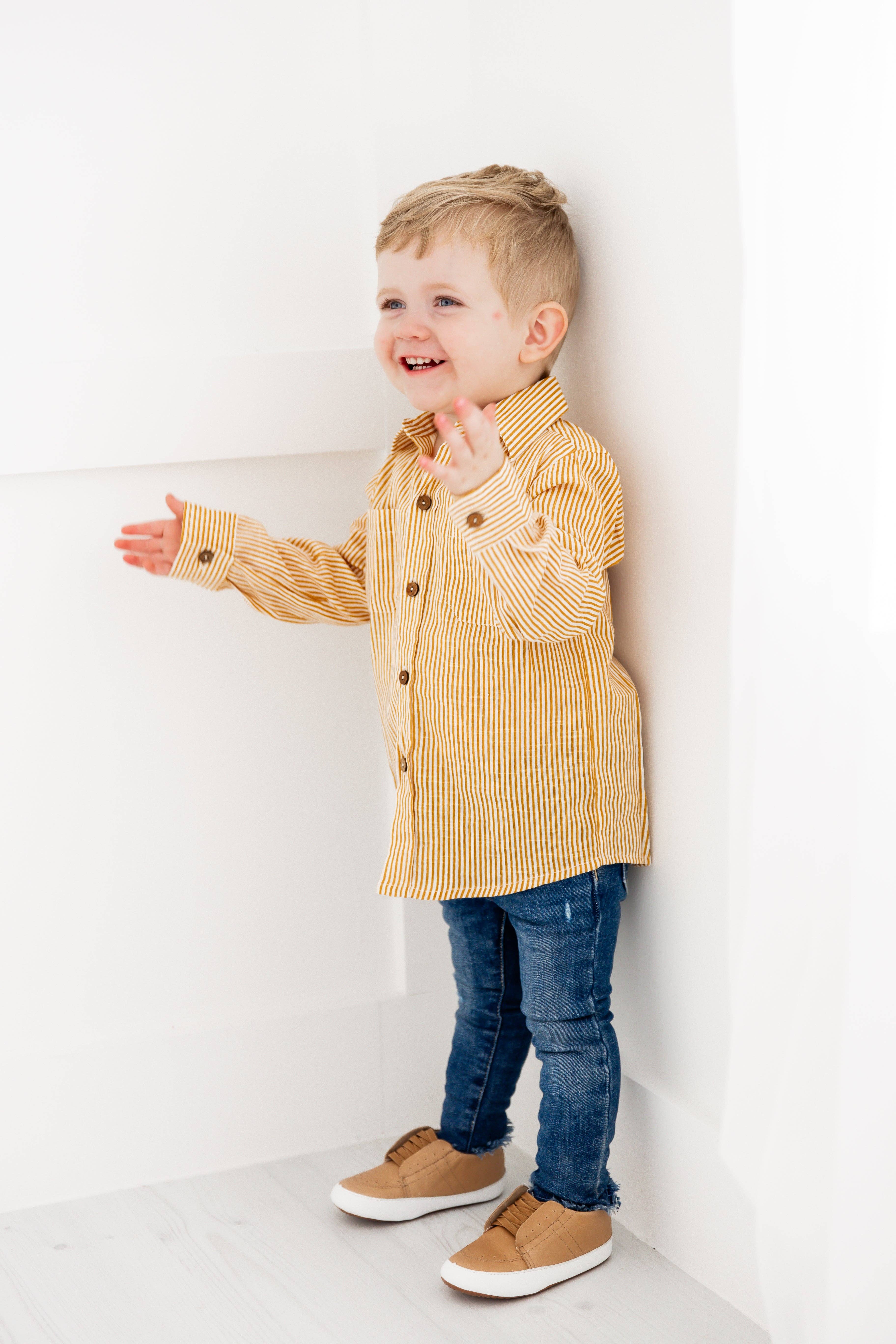 Yo Baby - Wholesale Button Down Shirt - Kids - Mustard Stripes Printed Boys Shirts2