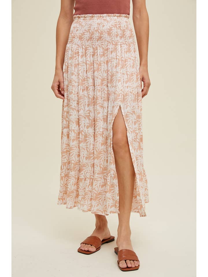 TROPICAL TIERED MIDI SKIRT WITH SLIT / WL24-8880 for wholesale by Wishlist Apparel