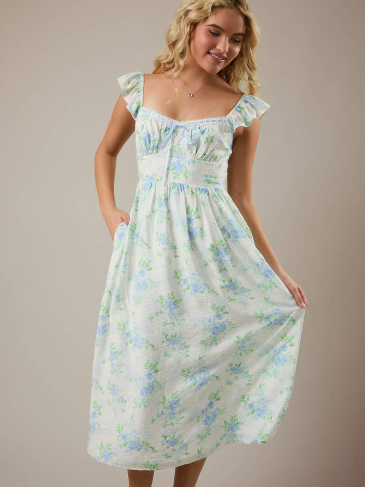 SHORT FLUTTER SLEEVE MIDI DRESS WITH FLORAL PRINT for wholesale by LE LIS