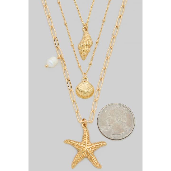 Girly - Wholesale Link & Chain Necklace - SEA ANIMAL CHARMS LAYERED NECKLACE
