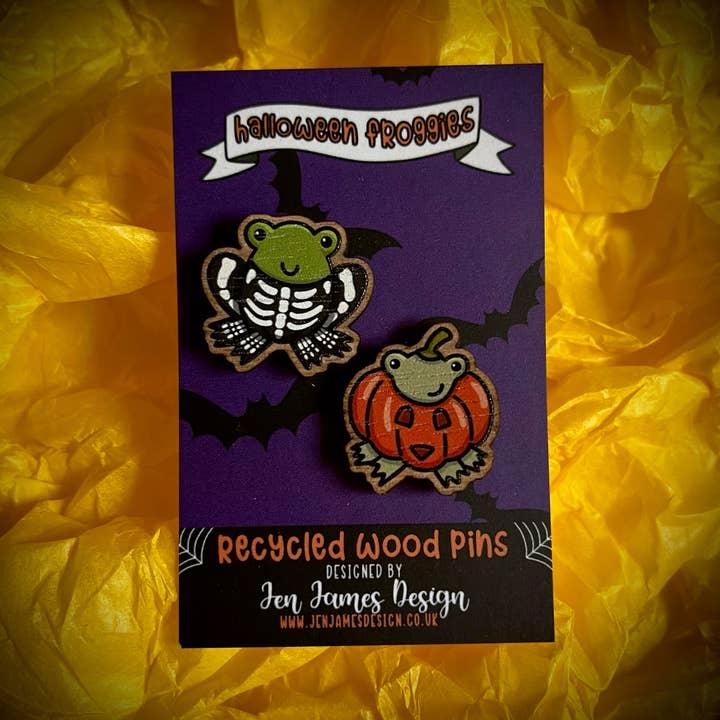 ‘Halloween Froggies’ Wooden Pin Badge Set for wholesale by Jen James Design