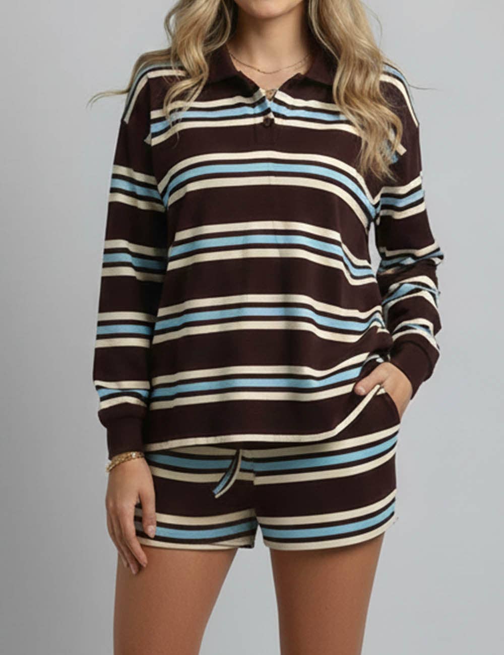 Brun Damers randiga polokrage bredbent sweatshirt och shorts set för wholesale på Faire0