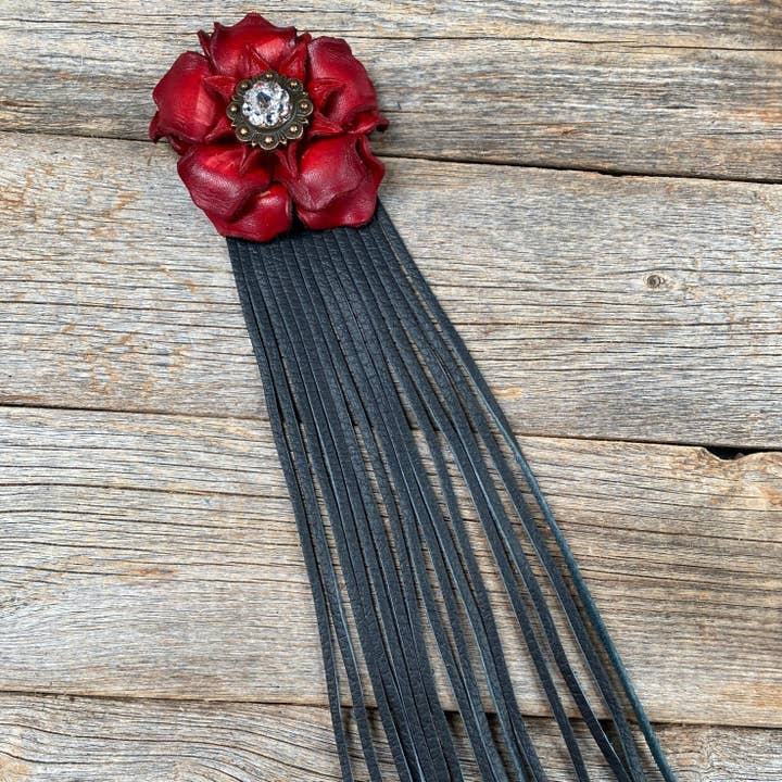 Leather Red Gardenia with Black Fringe for wholesale by Rodeo Drive