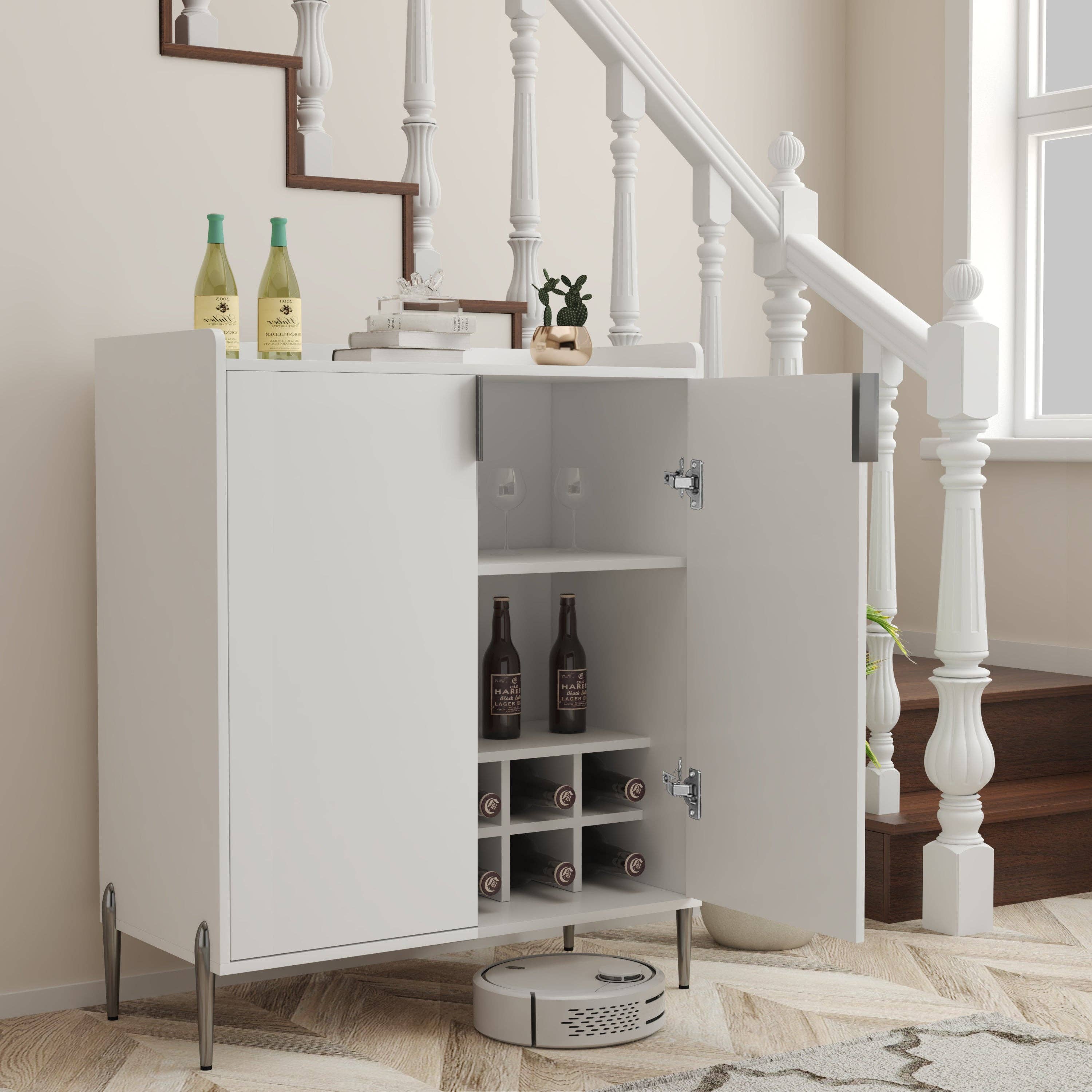 39F Inc. - Wholesale Cabinet - 2 doors home wine bar cabinet with wine rack & adjustable storage shelf, modern sideboard with soft-closing hinge, dinning room buffet cabinet, Liquor Cabinet kitchen, living room coffee cart White9