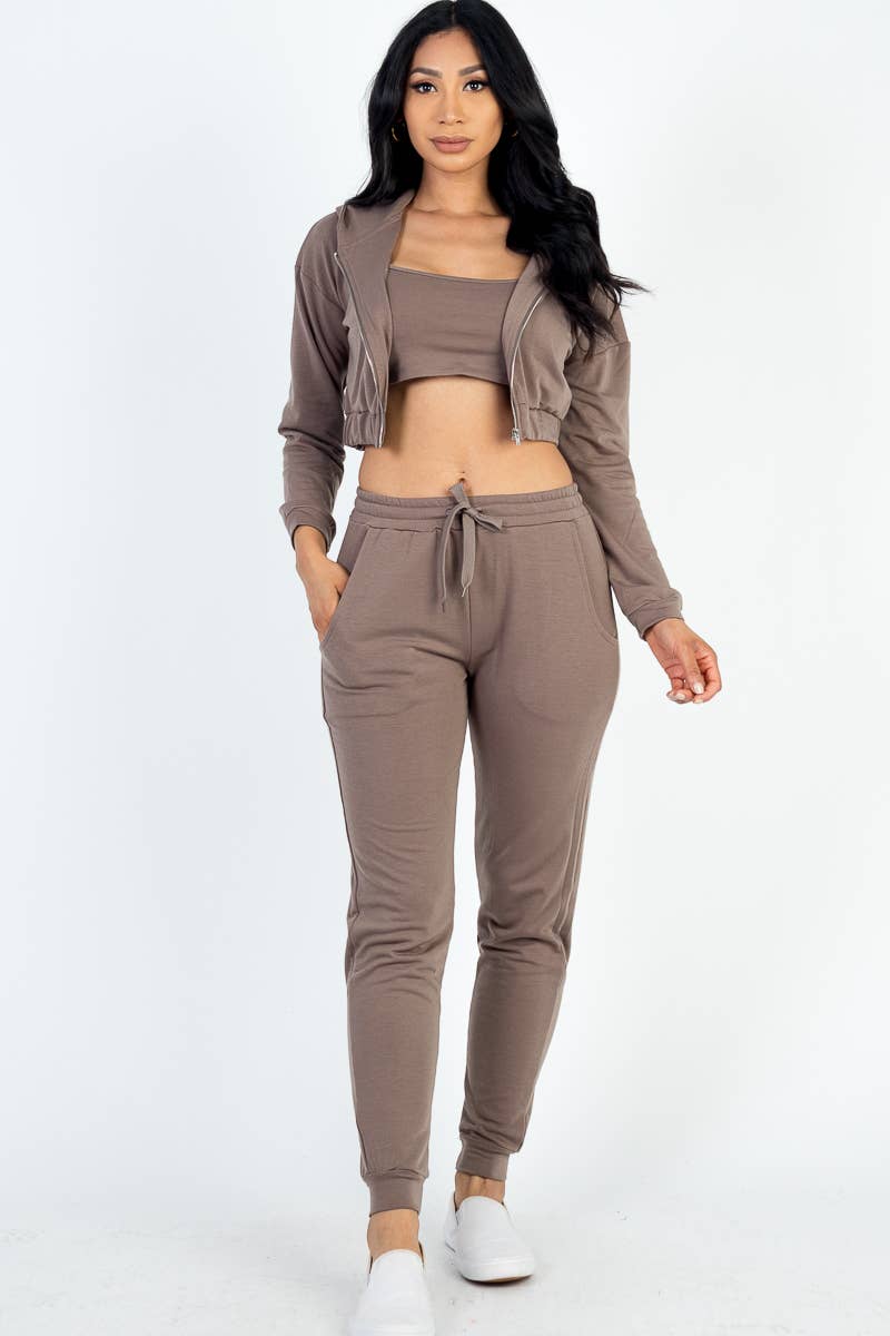CAPELLA APPAREL - Wholesale Lounge Set - Women's - French Terry Cropped Cami with Zip-up Jacket and Joggers Set3