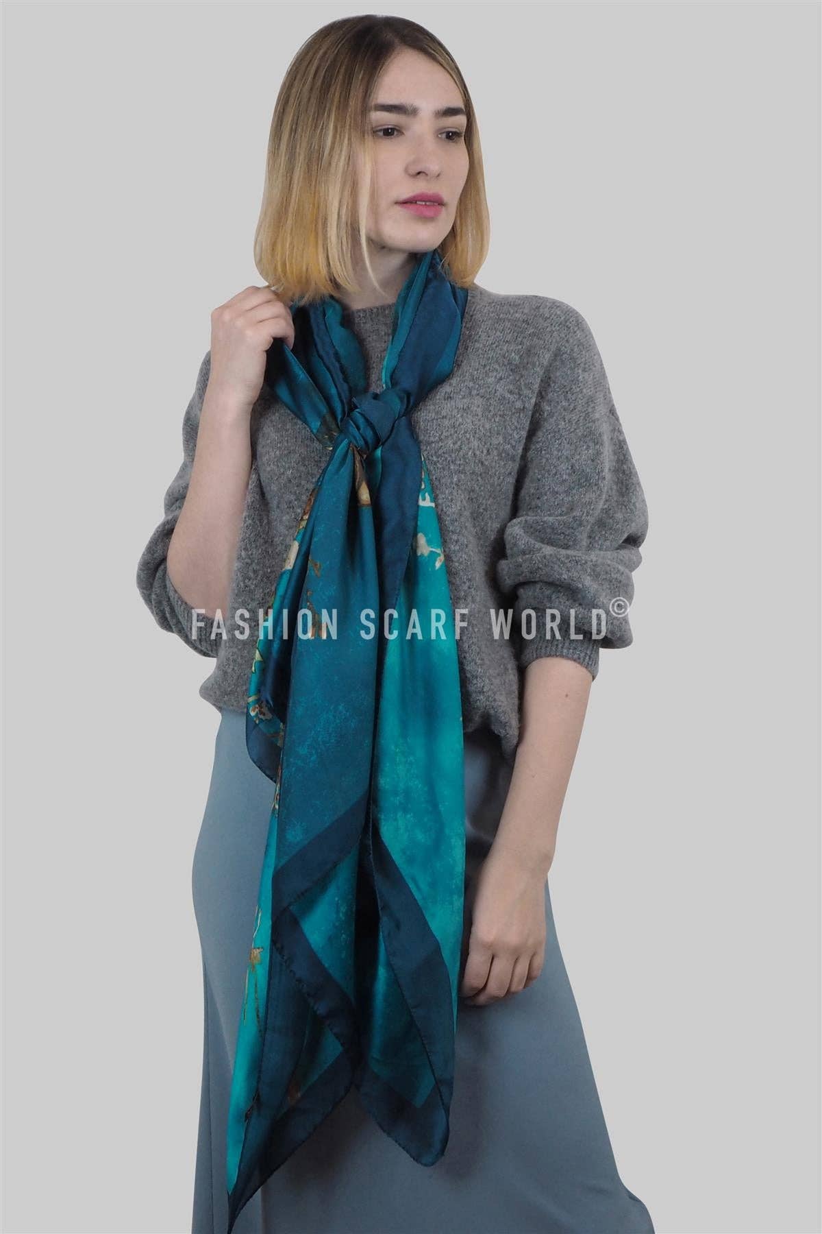Blue Van Gogh Almond Blossom Print Silk Scarf for wholesale on Faire3