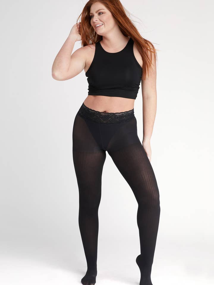 Black Opaque Ribbed Tights With Luxe Comfort Waistband for wholesale by Hipstik Legwear