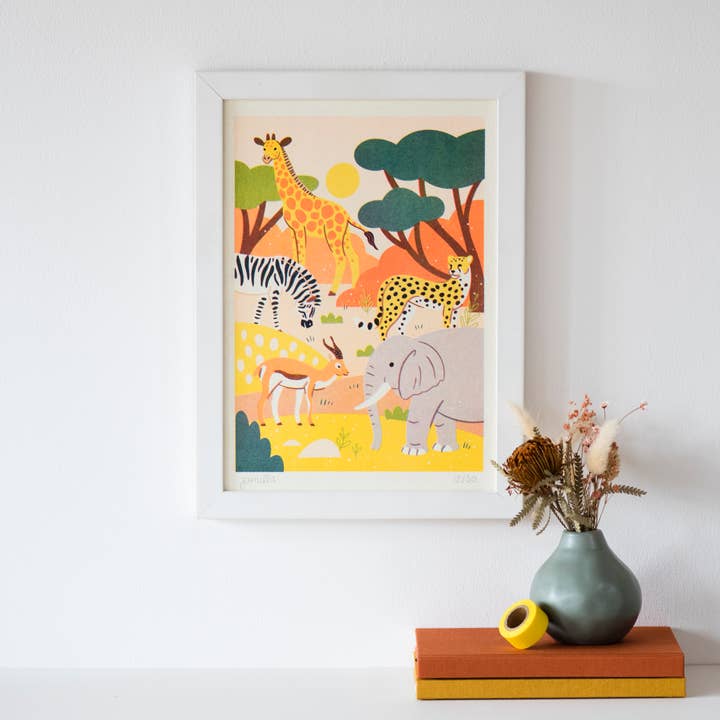 Stampa Risograph con Animali della Savana per la vendita all'ingrosso da parte di Mila made