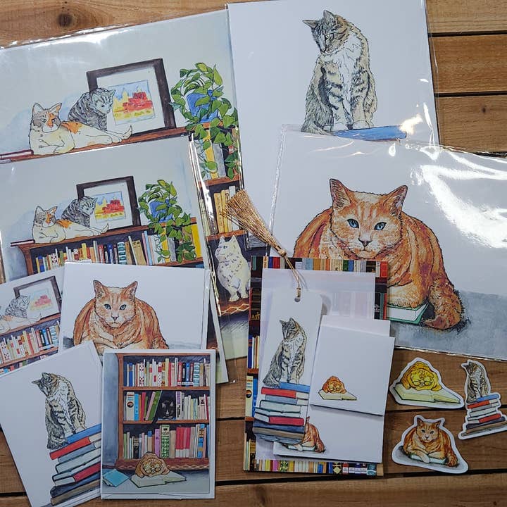Critterwit and Company - Wholesale Gewone wenskaart - Lezende Katten Wenskaart – Twee Katten op een Boekenplank4