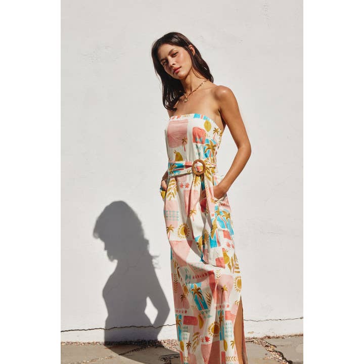 AMALFI COAST Moroccan Spring Rattan Belt Strapless Maxi Dress for wholesale on Faire