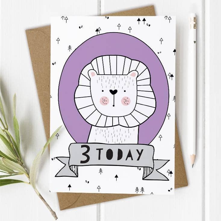 Mrs Best Paper Co. - Venta al por mayor Tarjetas de cumpleaños - 3 años, tarjeta de tercer cumpleaños, niña o niño - león0