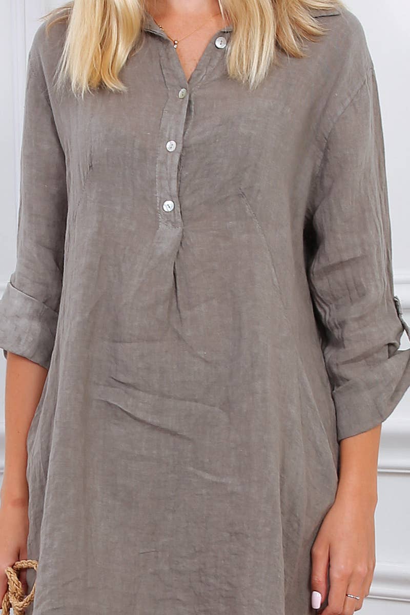 Happy look – Großhandel Kleid – Damen – Kurzes Hemdkleid aus Leinen mit langen Ärmeln6