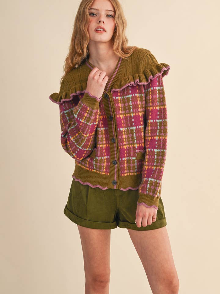 &MERCI - Wholesale Cardigan - Women's - RUFFLED YOKE PLAID SWEATER CARDIGAN MSW1118530