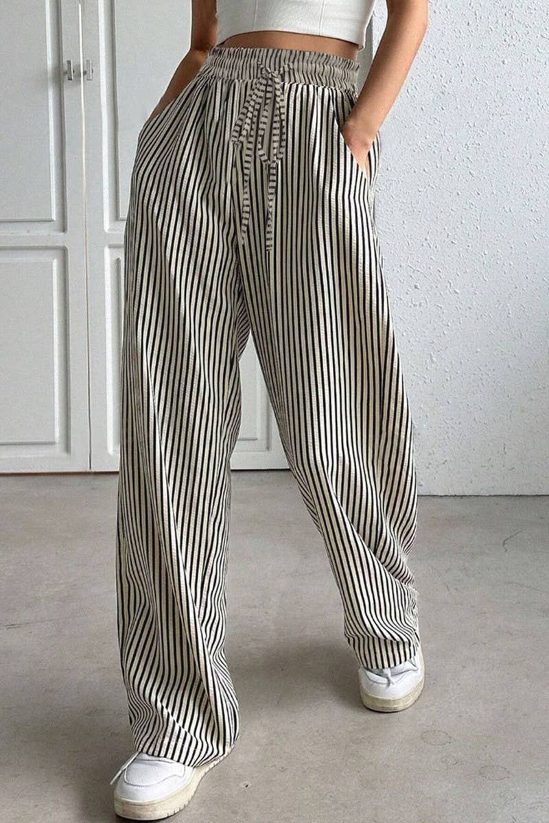 NINEXIS - Wholesale Pants - Women's - CWBLP01217_STRIPED DRAWSTRING WIDE LEG CASUAL PANTS0