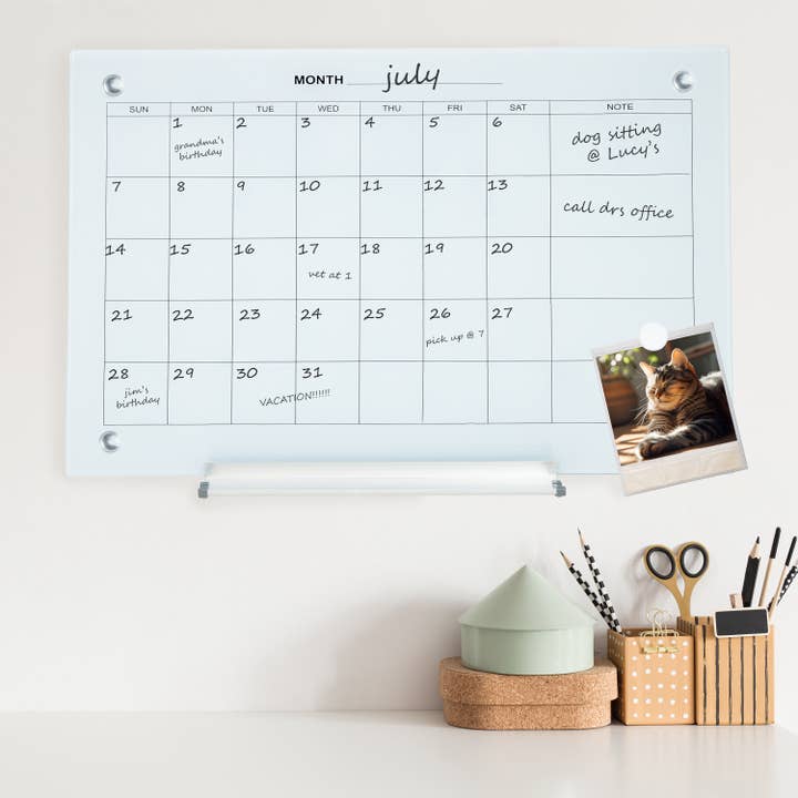 Magnetic Glass Dry Erase Wall Calendar with Markers - White for wholesale by Sunnydaze Decor