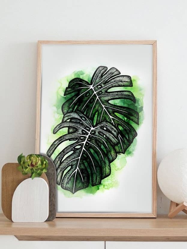 Monstera Albo Leaf Art Print | Plant Painting Botanical Boho for wholesale by Geoform Designs