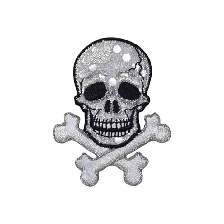 Silver Skull Crossbones, Shimmery, Jolly Roger Iron on Patch for wholesale by Wholesale Applique