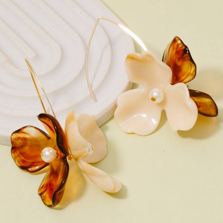 Resin And Pearl Flower Petal Dangle Threader Earrings for wholesale by The Looks by Fame Accessories