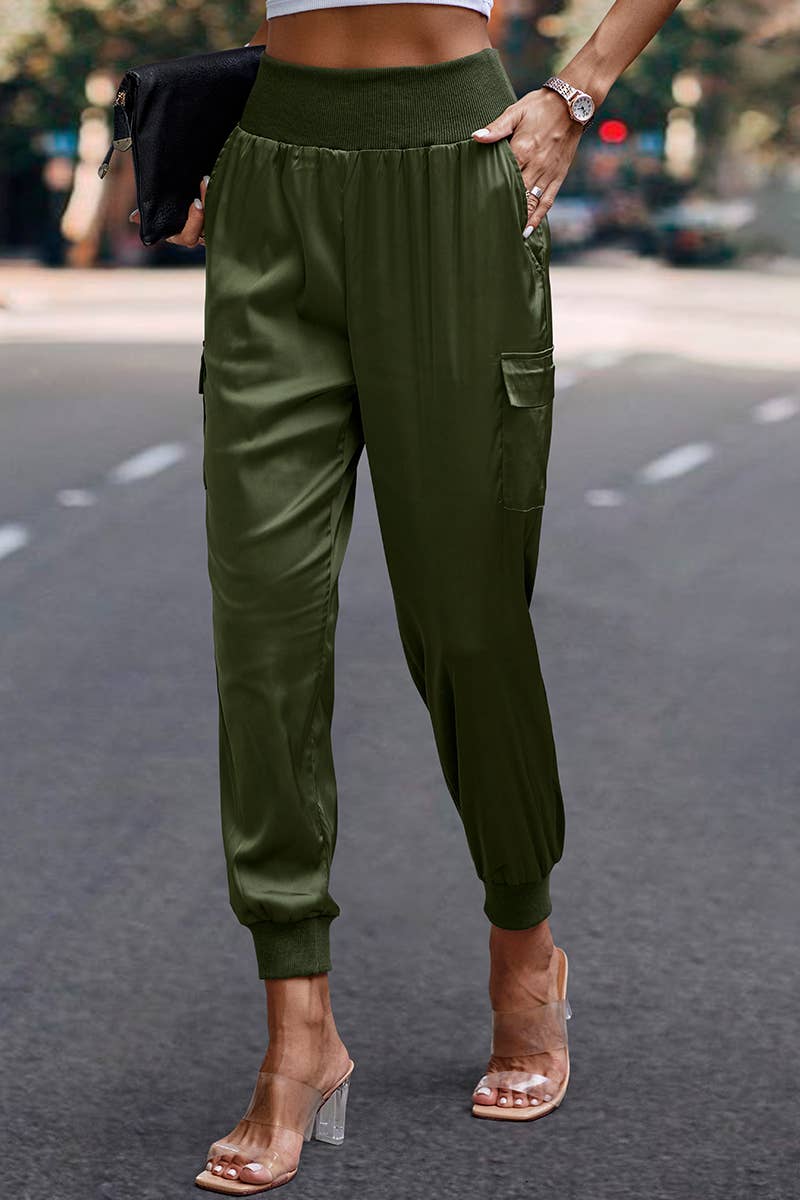 Elings - Wholesale Pants - Women's - High Waist Long Pant Trousers With Pocket Satin Jogger Pants6