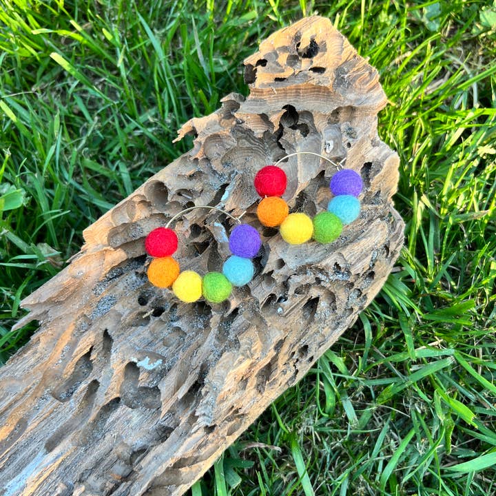 Honey Loom Designs - Wholesale Hoop Earrings - Rainbow Felt Ball Hoop Earring2