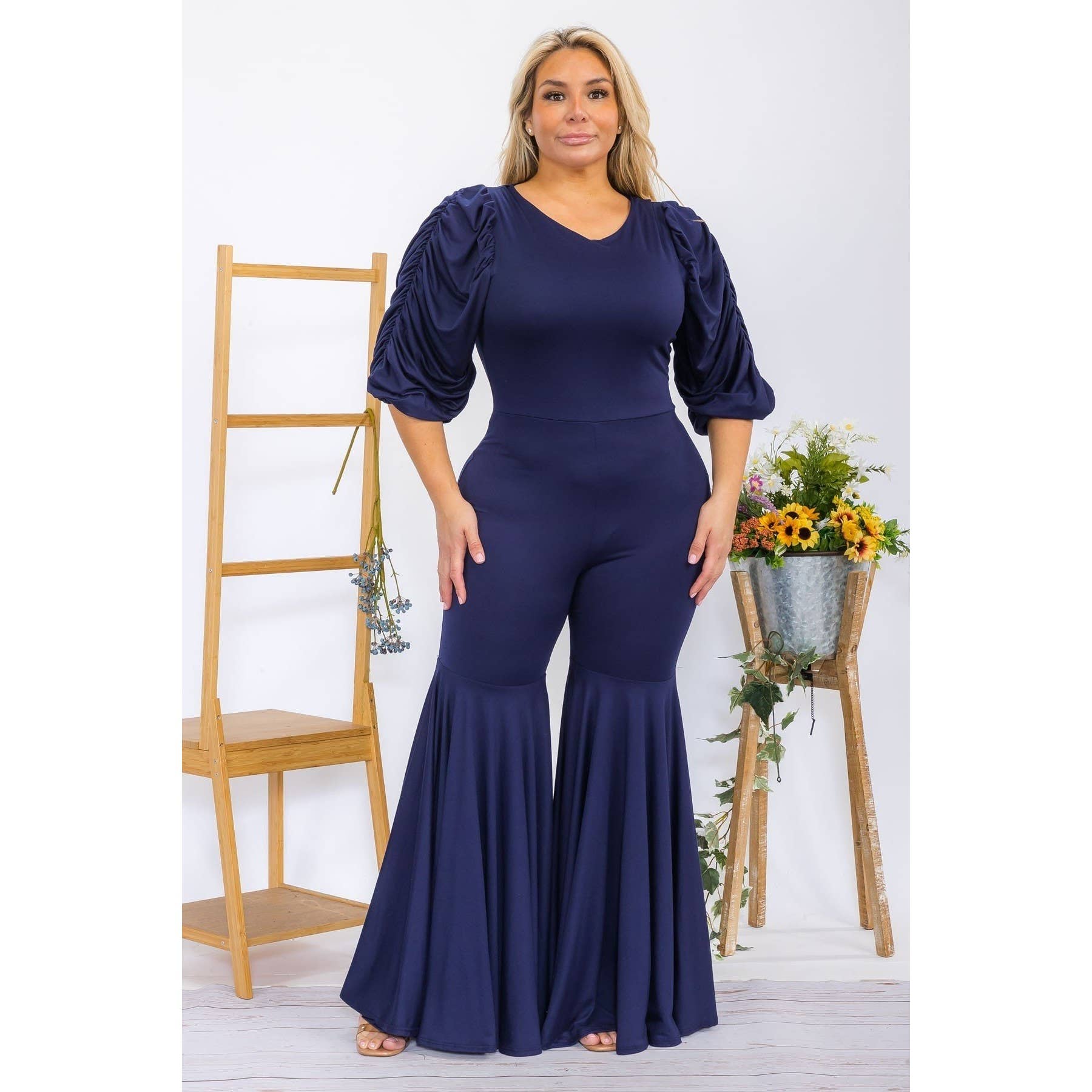 DORCAS - Wholesale Jumpsuit - Women's - PLUS SOLID COLOR PRINTED FLARE LEG JUMPSUIT1