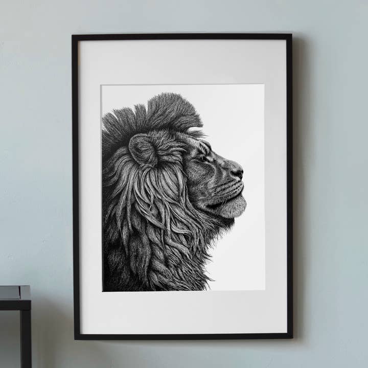 Black and White Animal Art Print - Stylish A4 Lion Wall Art for wholesale by Wild Lines