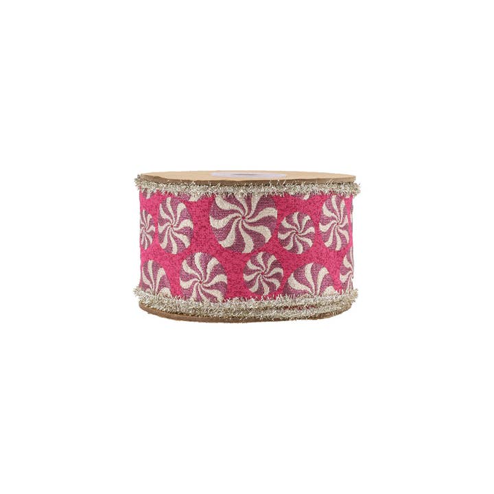 LA Ribbons Wholesale - Wholesale Ribbon - Gift Wrapping - Wired Jacquard Ribbon Peppermint Fuschia Tinsel Edge 5yd