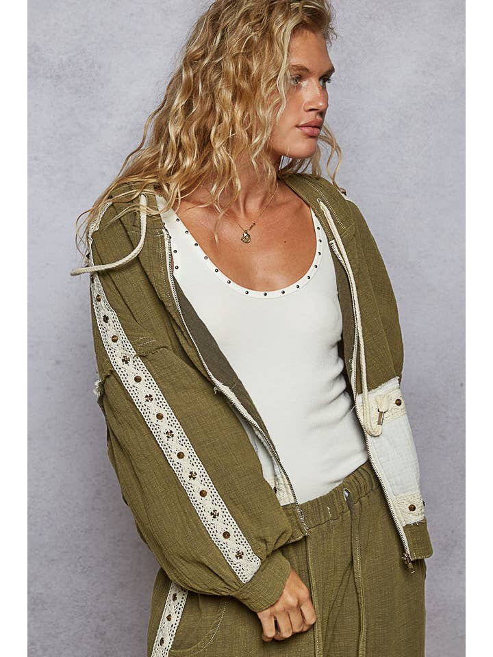 Pol Clothing - Wholesale Hoodie – Women's - Vintage Washing Double Gauze Stud Detail Hoodie Jacket SALE22