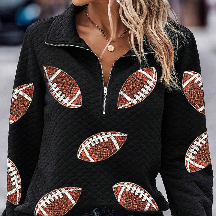 Black Sequin Rugby Football Patched Quarter Zip Textured Sweatshirt for wholesale on Faire0