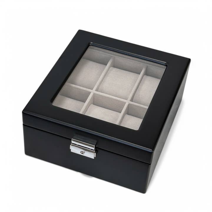 Black Wood 6 Slot Watch Box with Stainless Steel Accents for wholesale by The Abby Smith Brands