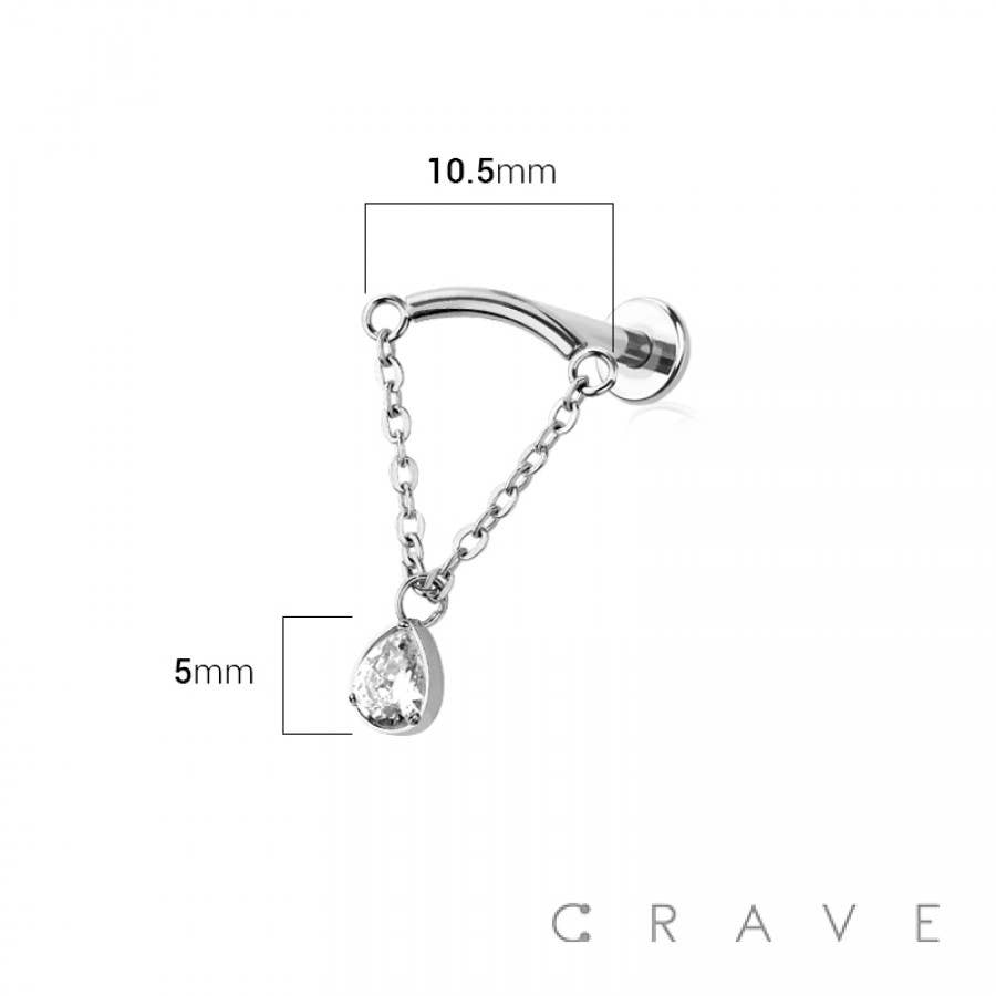 CRAVE - Wholesale Single Earring - CURVED BAR DANGLE CLEAR TEAR DROP CZ CHAIN PUSH IN TOP 316L2