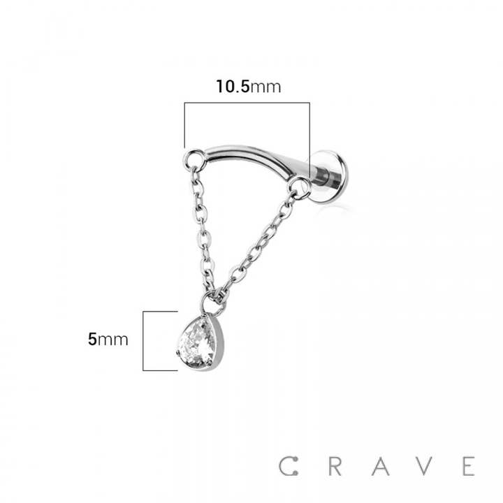 CRAVE - Vente Boucles d'oreille uniques - CHAÎNE INCURVÉE EN FORME DE GOUTTE D'EAU TRANSPARENTE EN FORME DE GOUTTE D'EAU, À ENFONCER DANS LE HAUT, 316L2