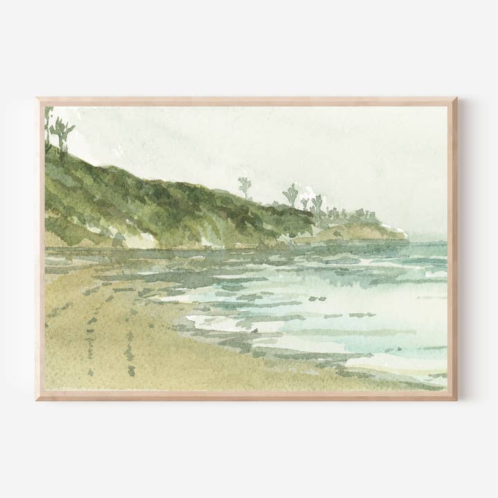 Sunday Beach Stroll | Impression d'art giclée à l'aquarelle pour la vente par Rebecca Sobbi Studio