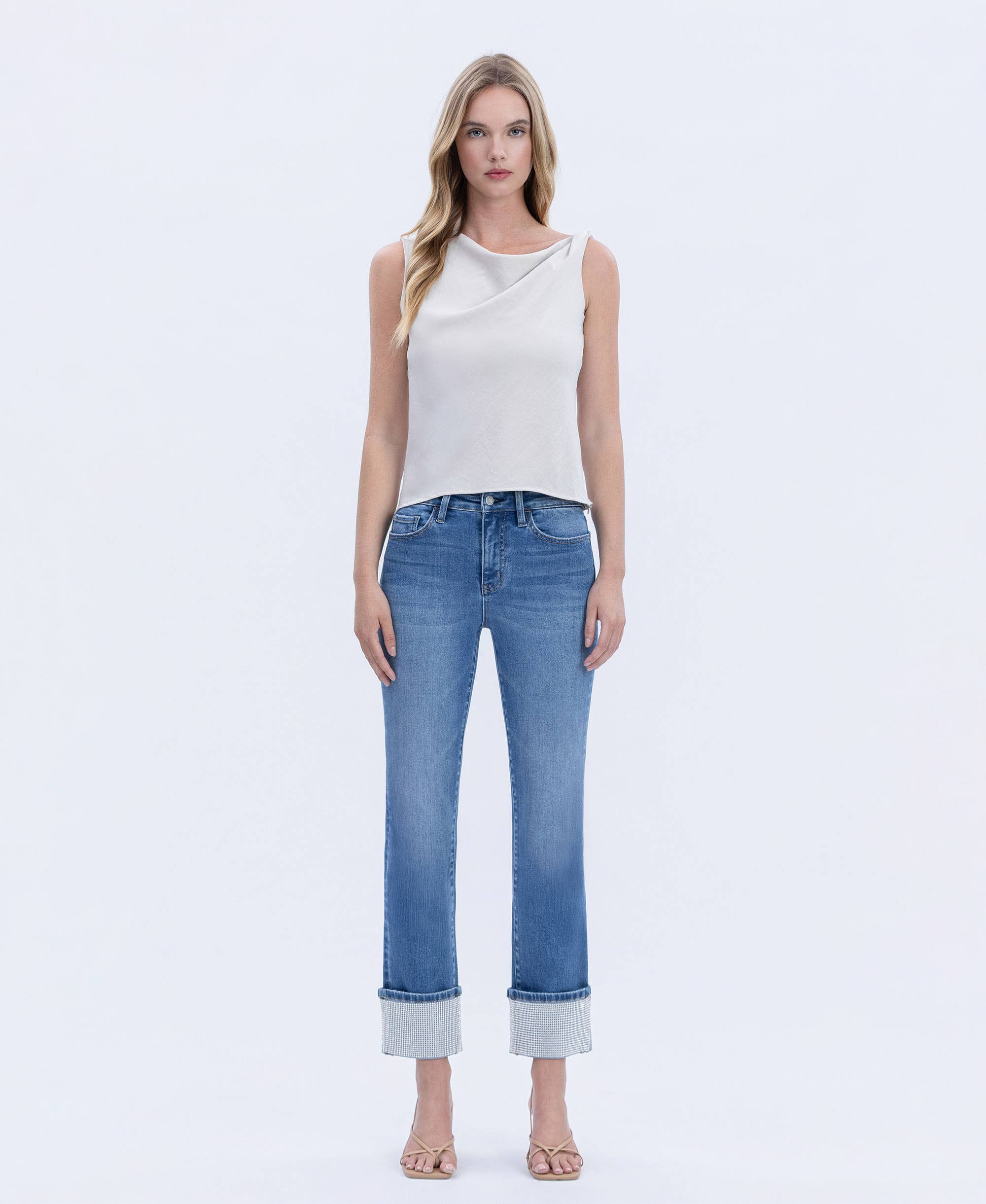 RADIANT DREAM HIGH RISE RHINESTONE CUFFED SLIM STRAIGHT JEANS T7004 for wholesale on Faire3