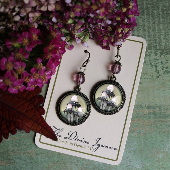Inky Cap Mushrooms Glass Cabochon Earrings w/Purple Bead for wholesale by The Divine Iguana