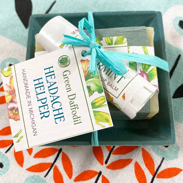 Green Daffodil Bath & Body - Wholesale Bath & Body Set - Headache Helper Soap & Lip Balm Dish Kit - Gift Set
