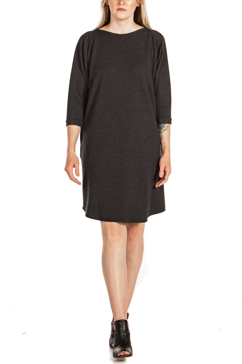 Charcoal Boat Neck Dress with Three Quarter Sleeves and Pockets for wholesale on Faire0