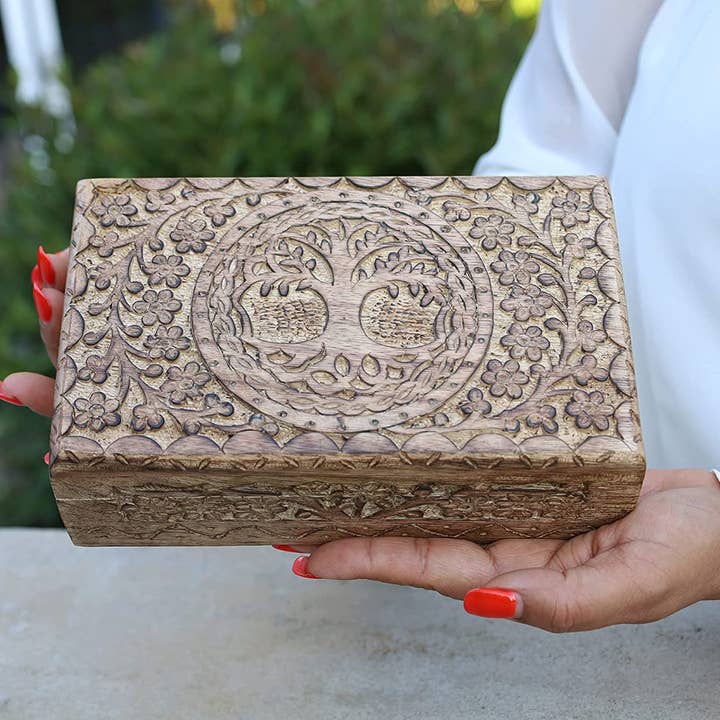 Lungta Imports - Wholesale Decorative Box - Large Hand Carved Tree of Life Wooden Box Keepsake Storage M