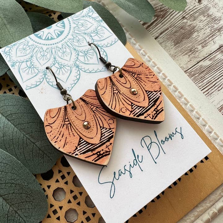 Boho hand painted lightweight flower maple wood earrings for wholesale by Seasideblooms