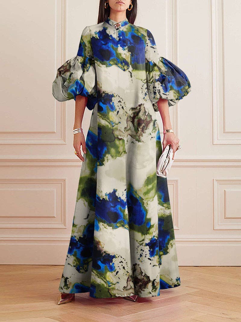 FurDecoration - Wholesale Dress - Women's - Flowy Floral Stand Collar Lantern Sleeve Maxi Dress11