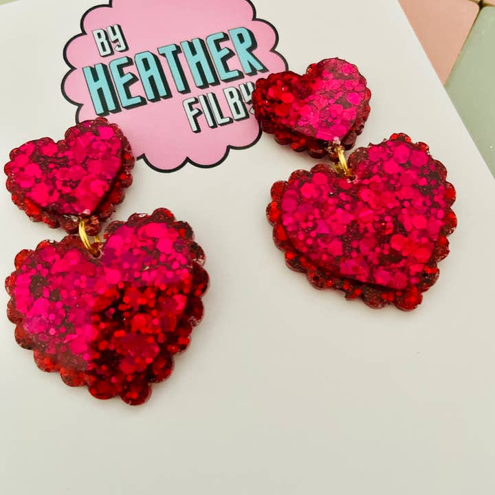 By Heather Filby - Wholesale Dangle Earrings - Frilly Double Heart Glitter Resin Earrings (More Colours)9
