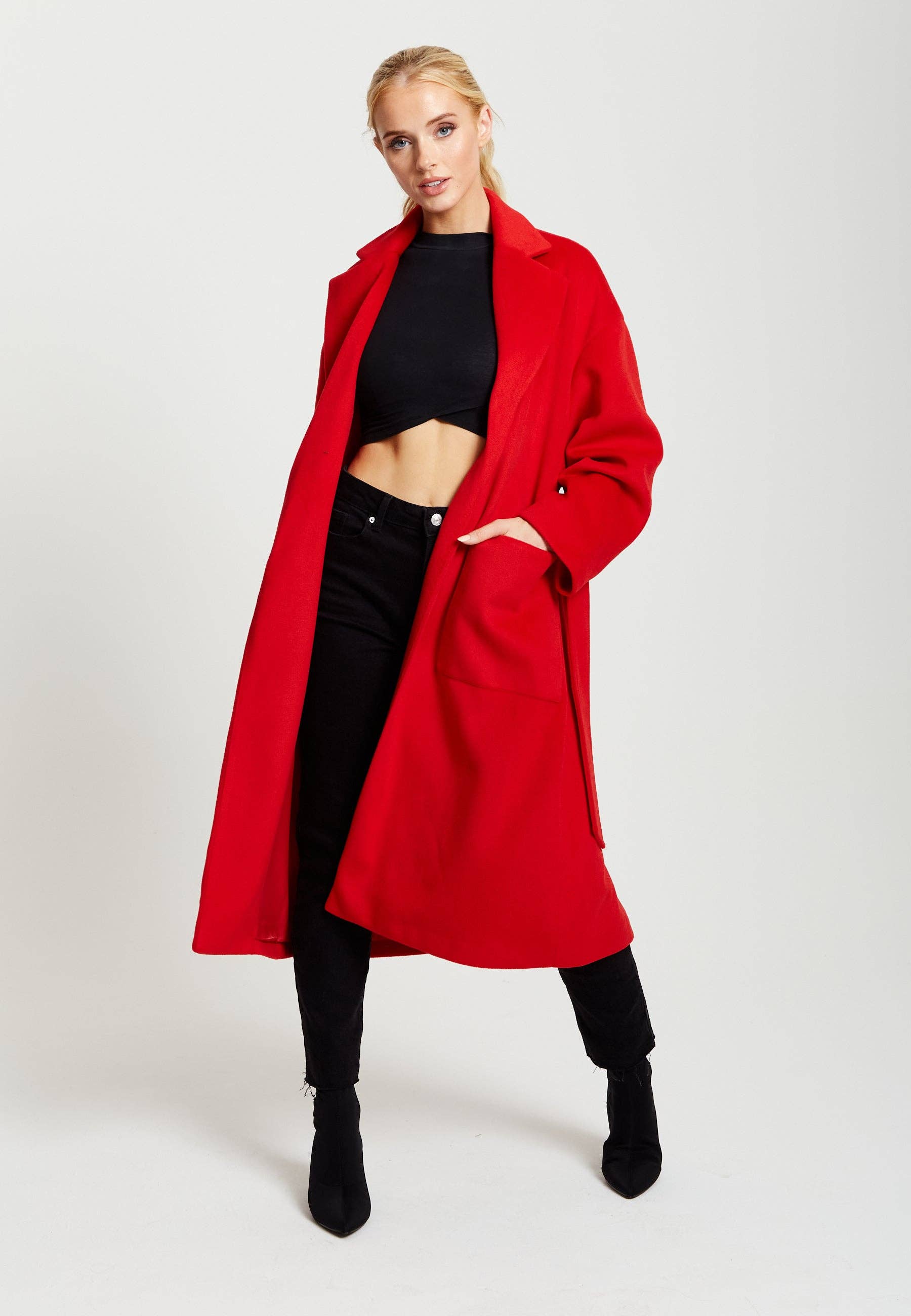 Liquorish Belted Longline Coat In Red for wholesale on Faire5
