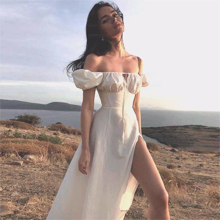 lilyandlaceboutique – wholesale Klänning - Dam – Bubbelärm Solid Färg Knyten Hög Slits Maxi Klänning