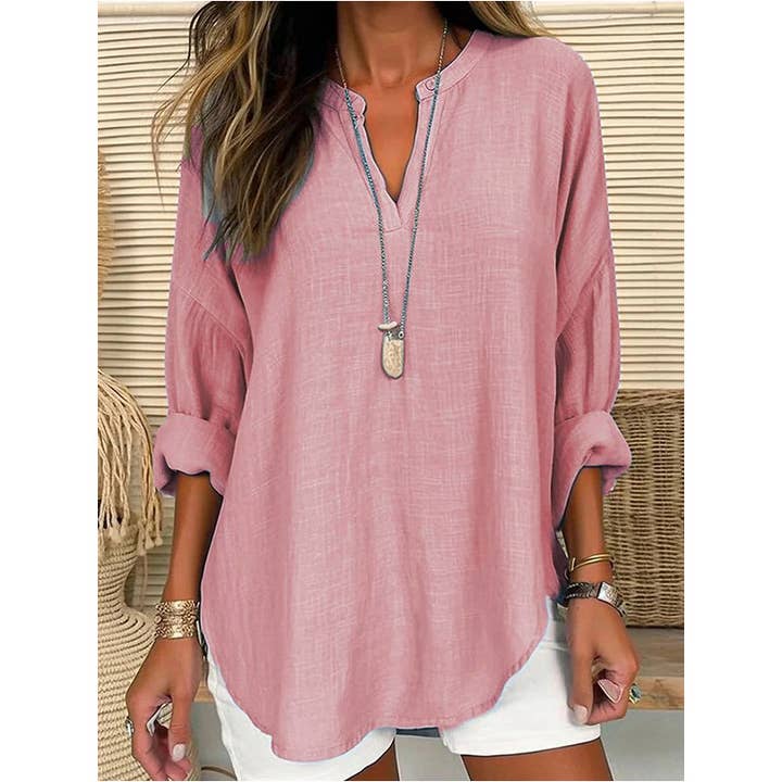 NINEXIS - Wholesale Tunic - Women's - CWTBLL0260_Blouse Linen Long Sleeve Casual V Neck Top