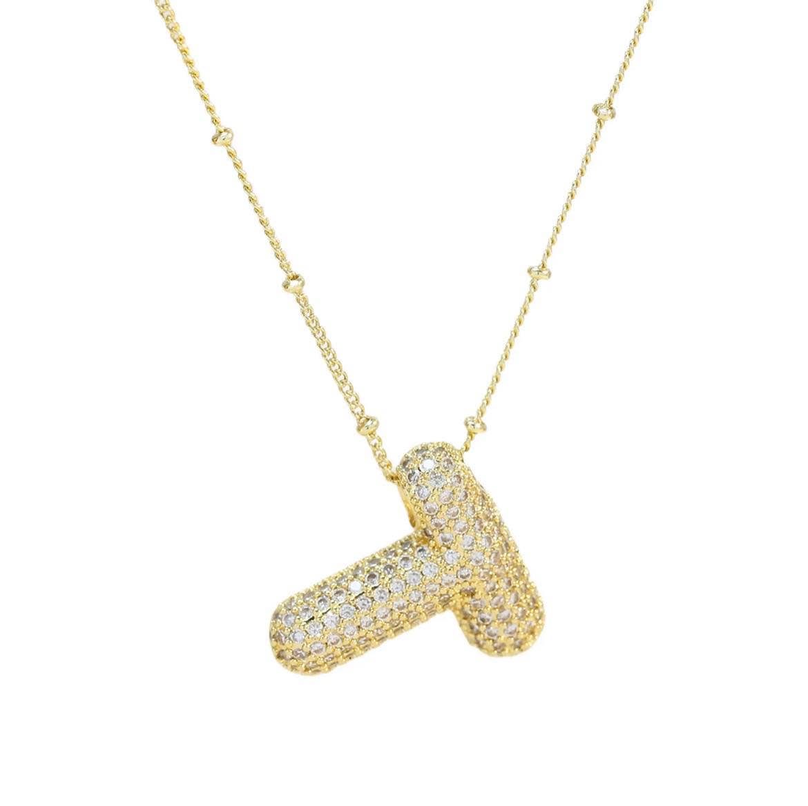 The Classy Cloth WS - Wholesale Pendant/Charm Necklace - Jeweled Cz Bubble Letter Initial Necklace - Gold RTS18