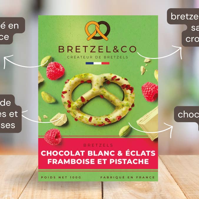 pretzel chocolate blanco - trozos de pistachos y frambuesas para venta al por mayor de Bretzel&Co