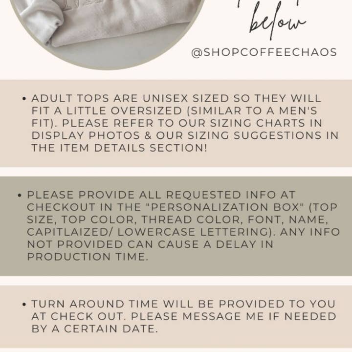 Coffee and Chaos Apparel - Wholesale Sweatshirt - Women's - Custom embroidered sweatshirt- STANDARD FONT6